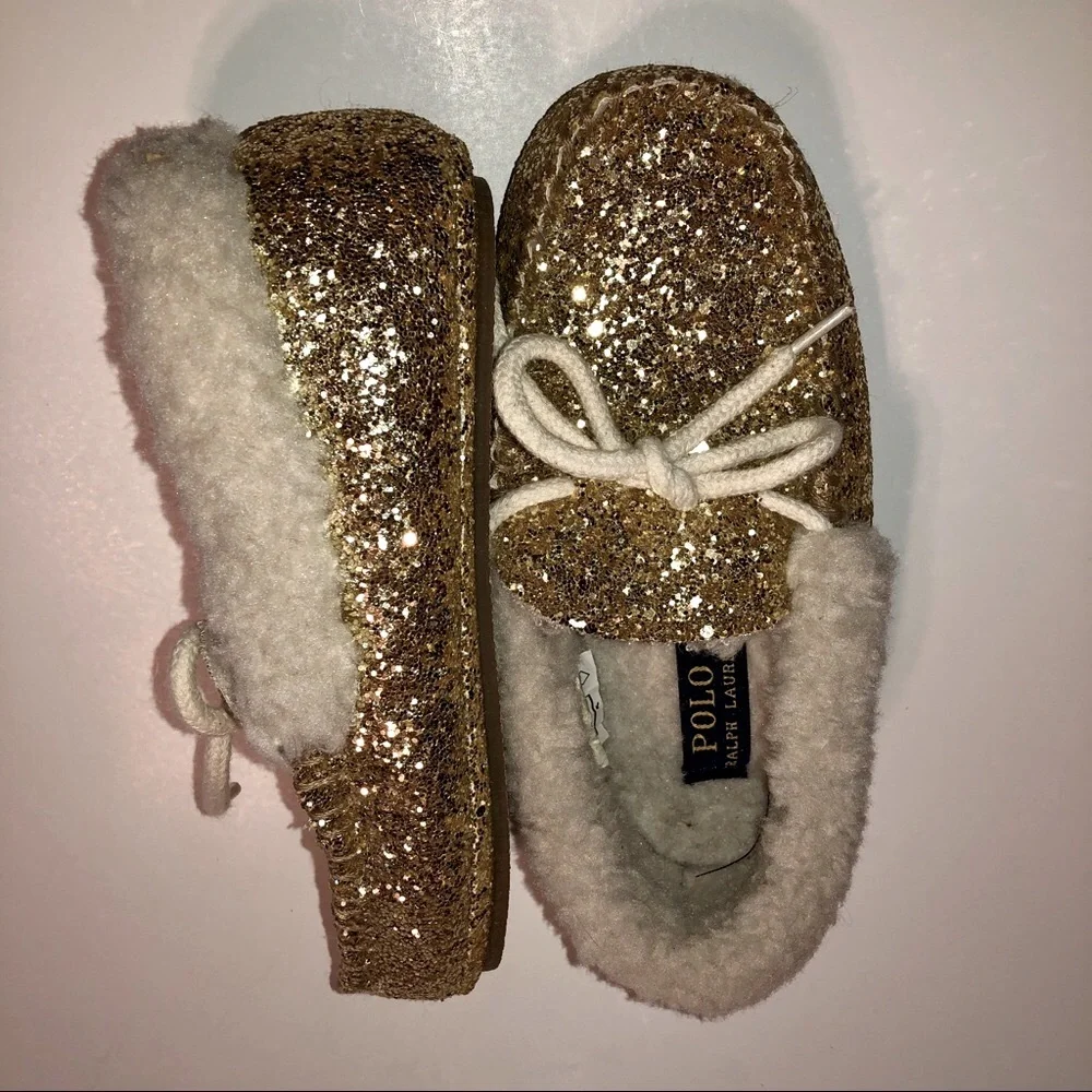 Sz 1 Polo Ralph Lauren Gold Glitter Moccasin Slippers